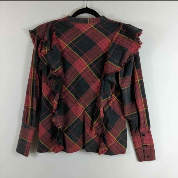 Maison Cinqcent- Longsleeve Red Plaid Ruffle Button Down Shirt - Picture 2 of 6